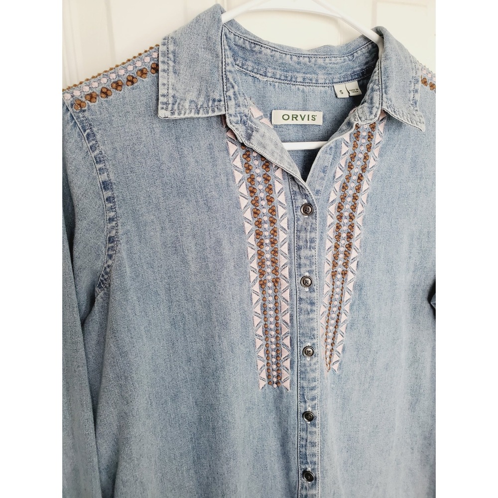 Orvis Denim Button Down Shirt Light Wash Embroidered Boho Western Workwear S